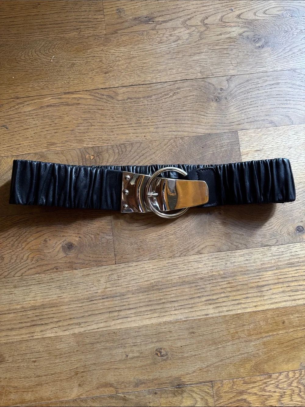 Black Ruched Stretch Belt with Silver Tone Buckle